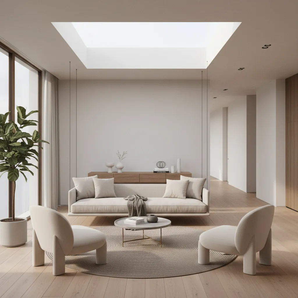 Floating sofa dividing an L-shaped living room layout