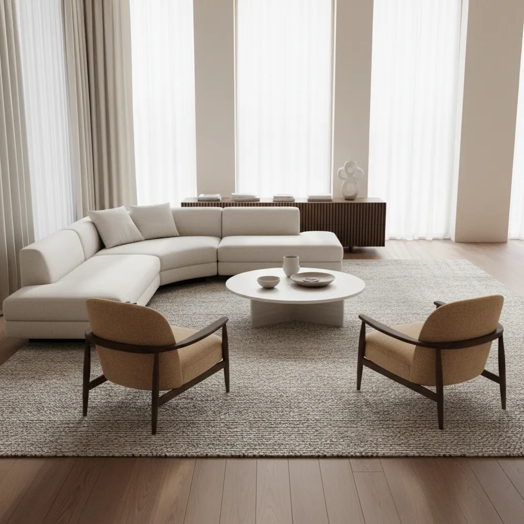 floating sofa layout in large living room with rug anchored seating area