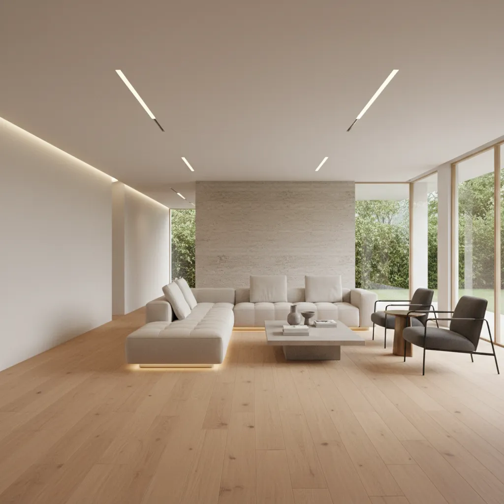 floating sofa layout with walkway behind in rectangular living room