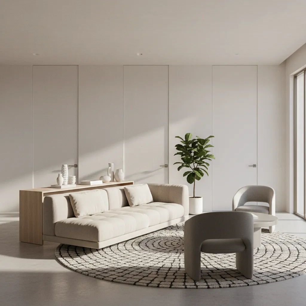 floating sofa layout in living room with doors along walls