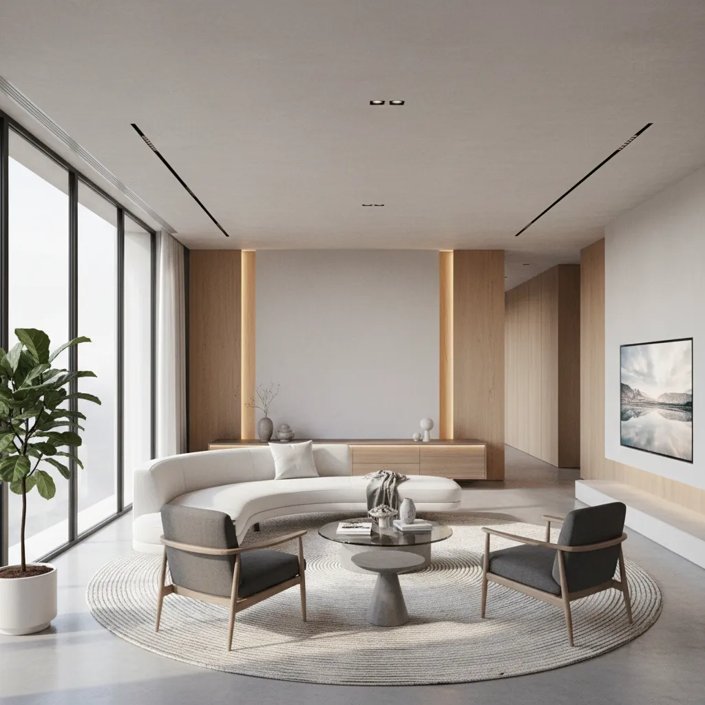 floating sofa layout in living room with clear traffic path