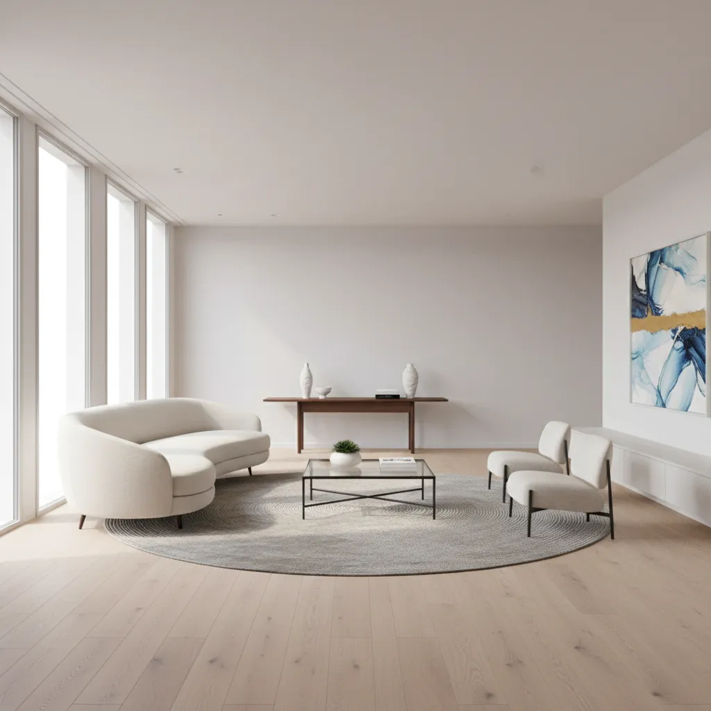 Living room with floating sofa and console table behind it