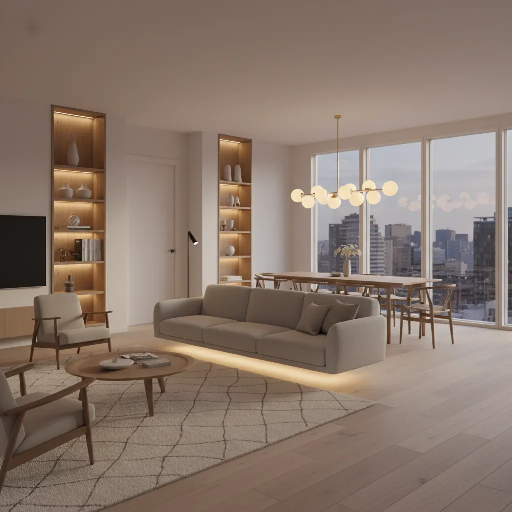 Floating sofa creating separation in combined living dining room