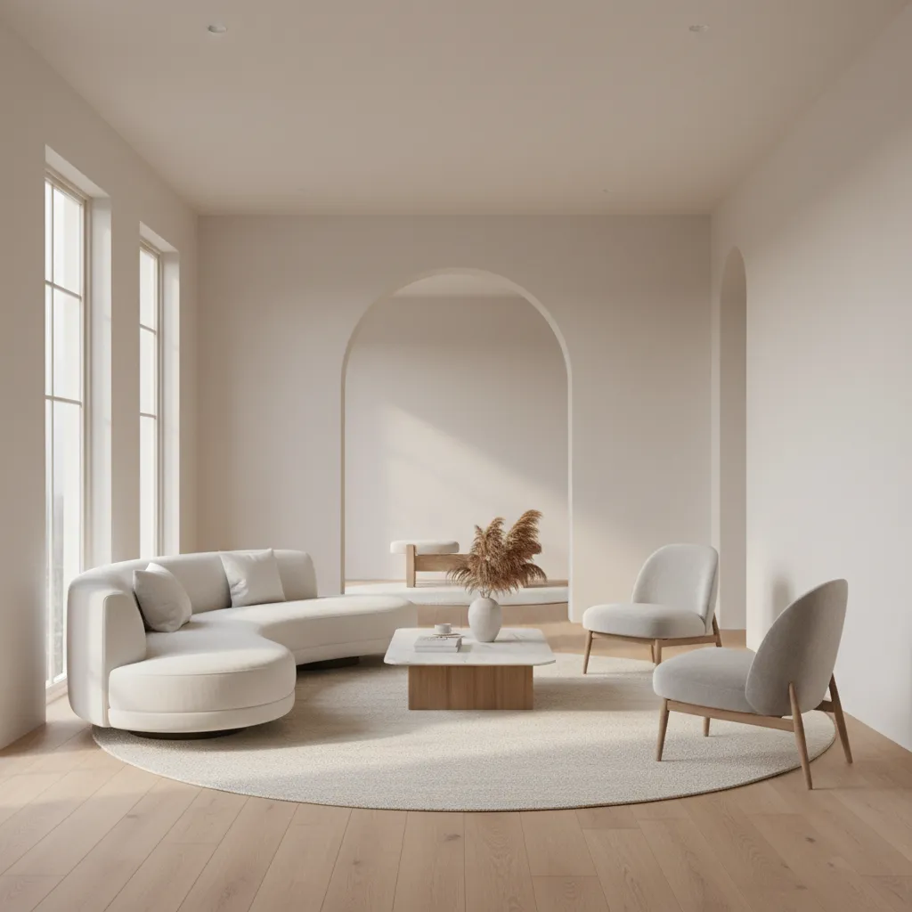 Floating sofa layout improving proportion in a long narrow living room