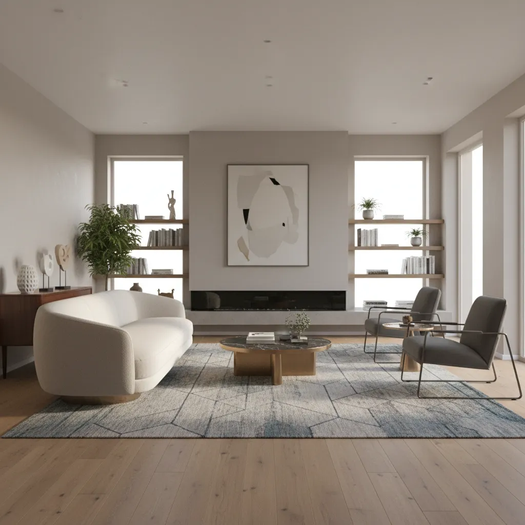 Rectangular living room with floating sofa and console table creating balanced layout