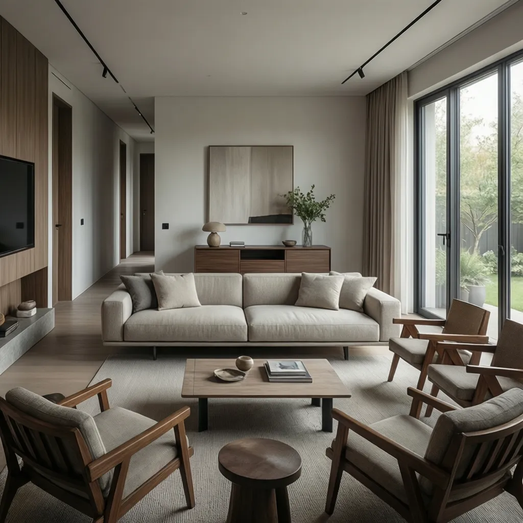 Floating sofa layout in a narrow rectangular living room with walkway behind