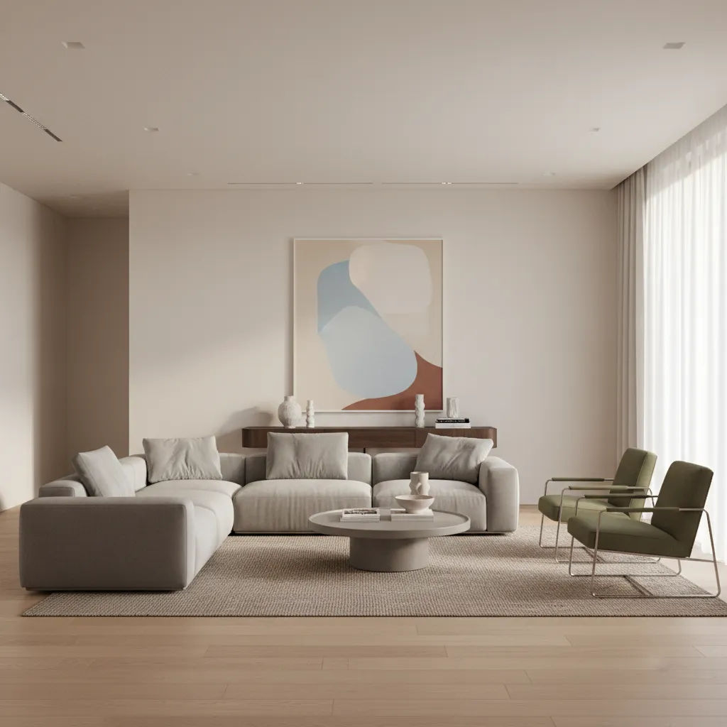 floating sofa layout in rectangular living room with console table behind