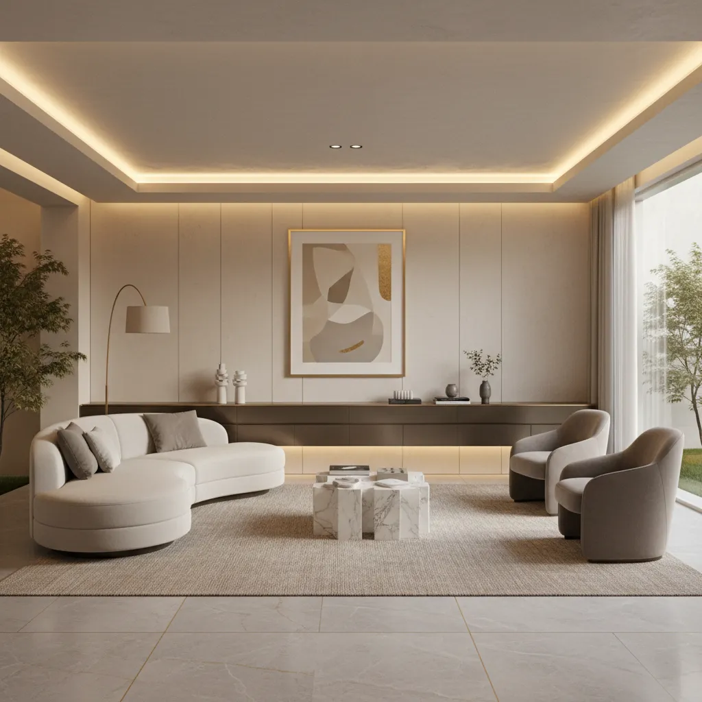 Small living room with floating sofa layout creating visual depth