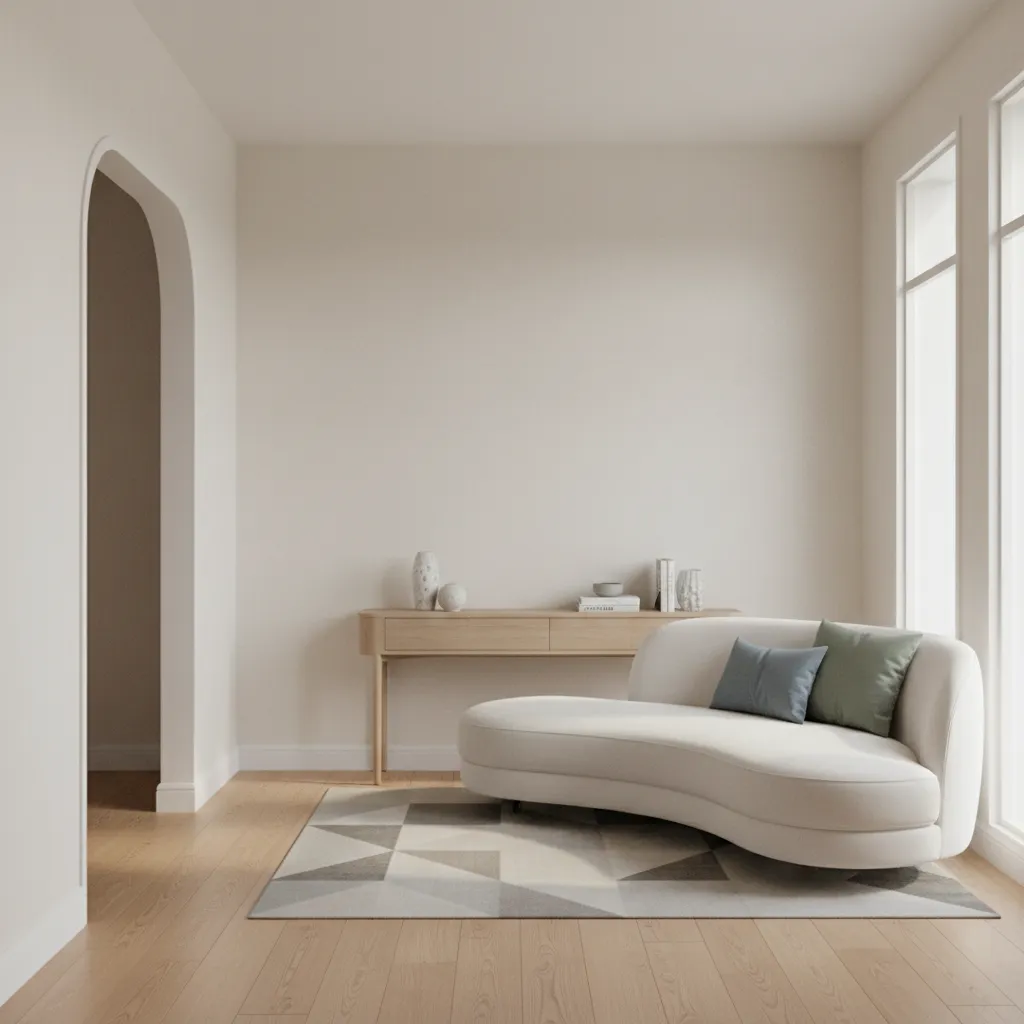 Floating sofa layout improving flow in a compact living room