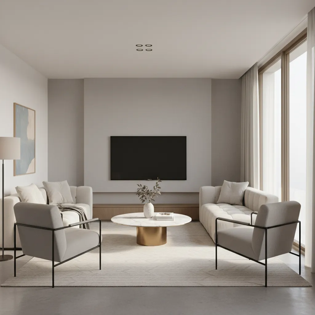 Small living room with sofa slightly floated from wall improving circulation