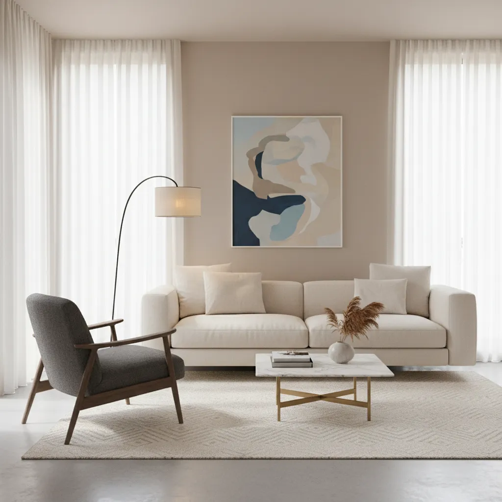 small living room with sofa slightly away from wall showing floating furniture layout