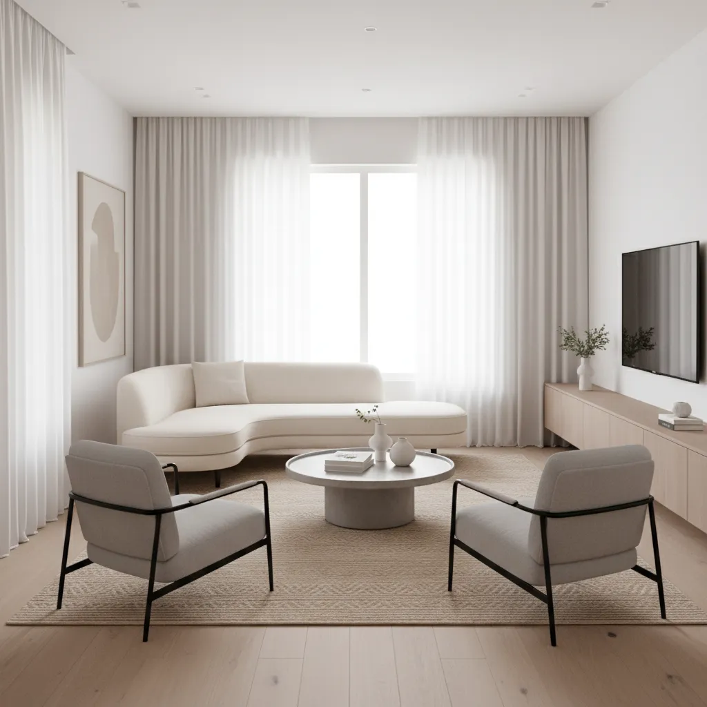 Floating sofa layout in small open living room with two chairs