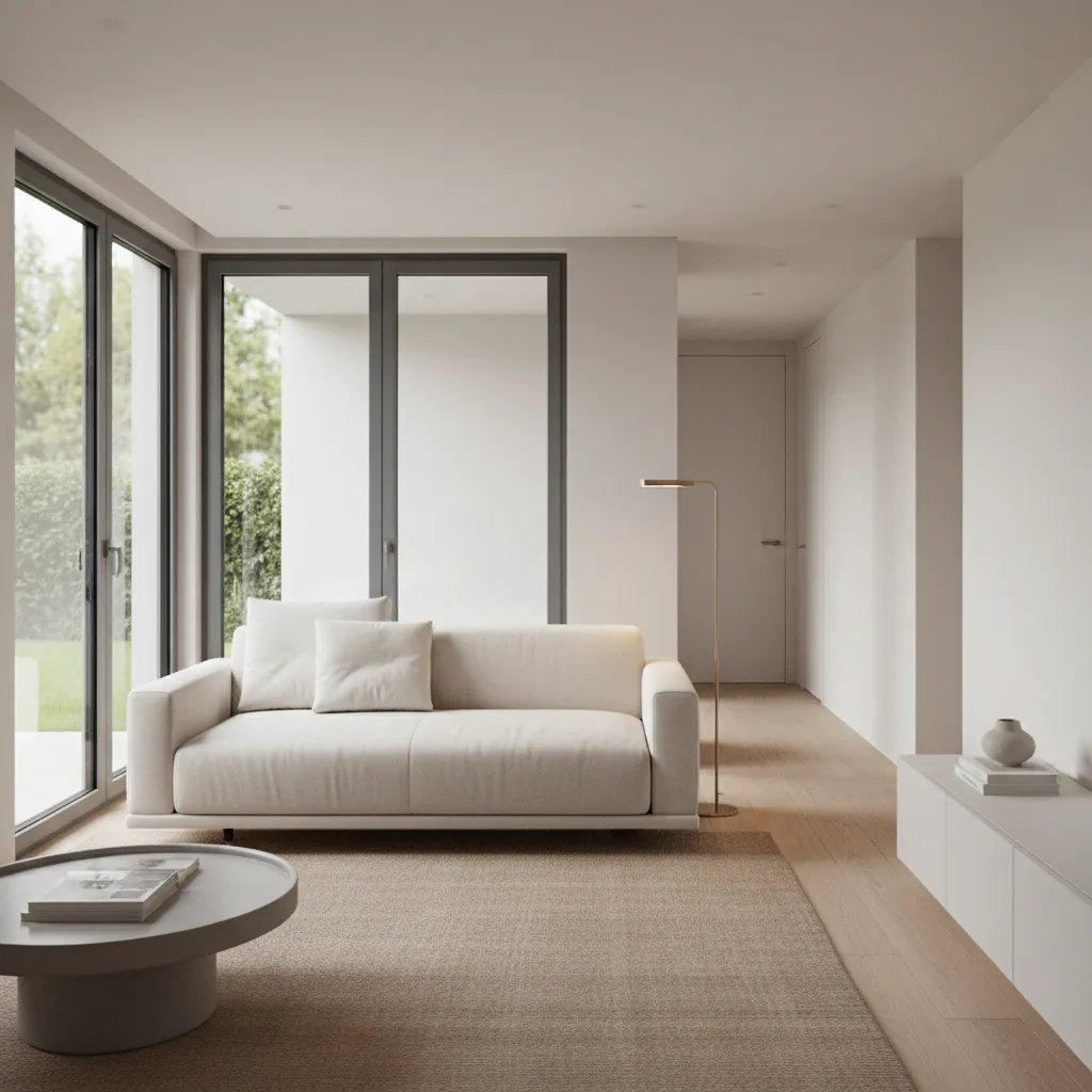 Floating sofa layout in small living room near sliding glass doors improving movement