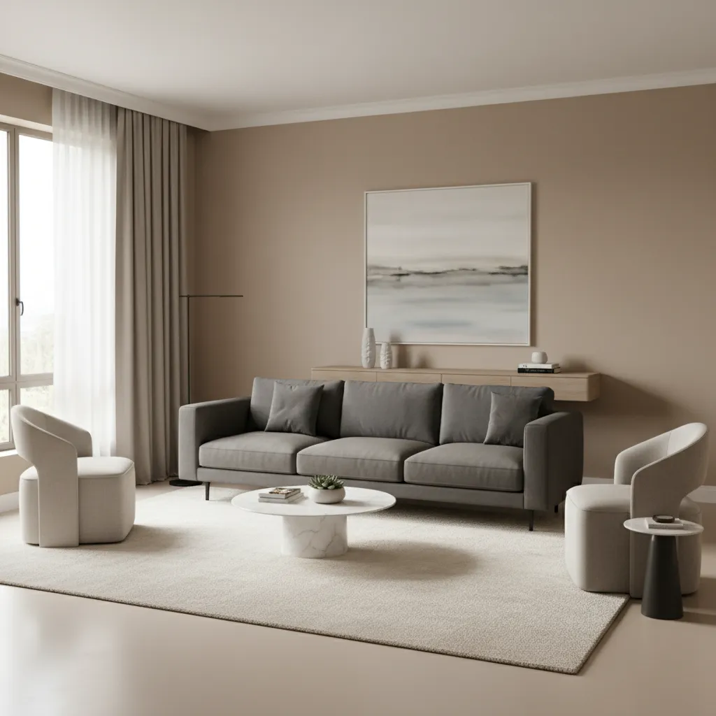 Small living room with sofa slightly away from wall and walkway behind