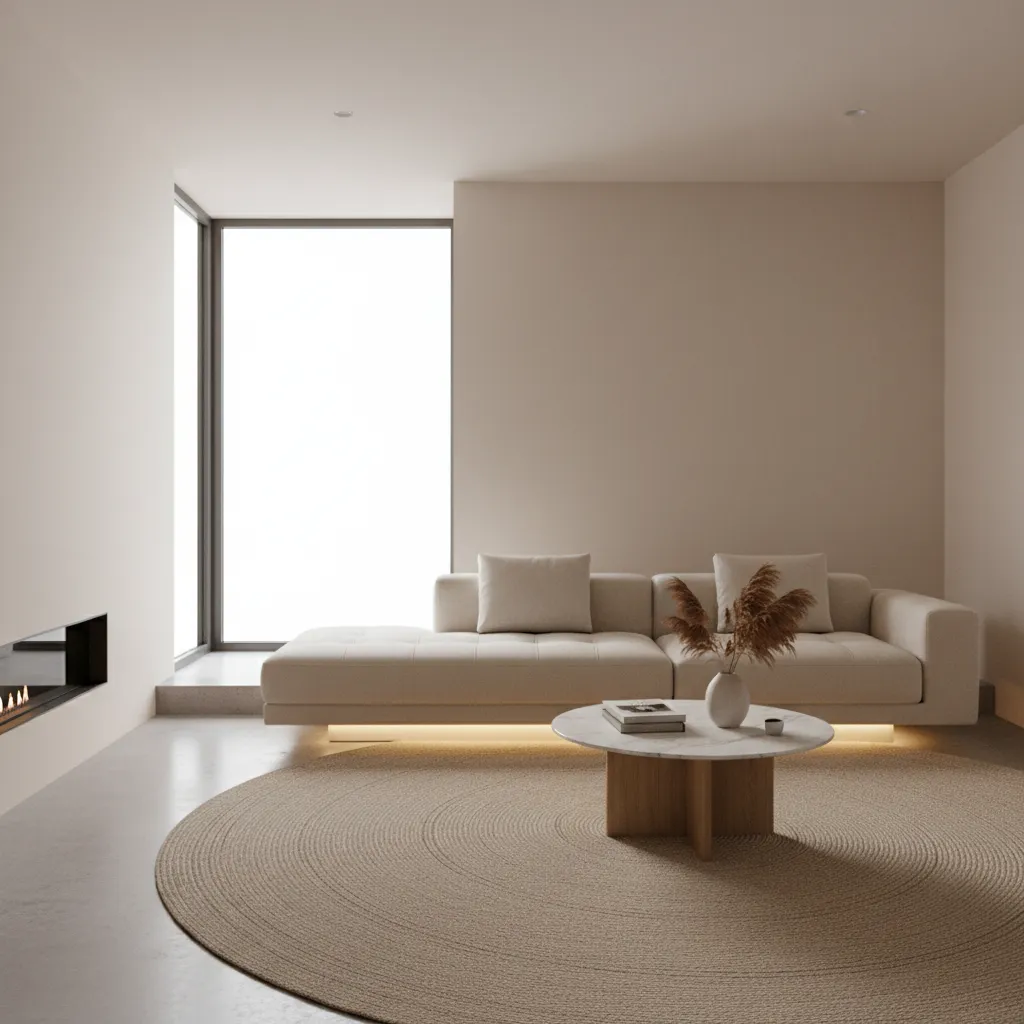 Small living room with floating sofa layout and open walking space