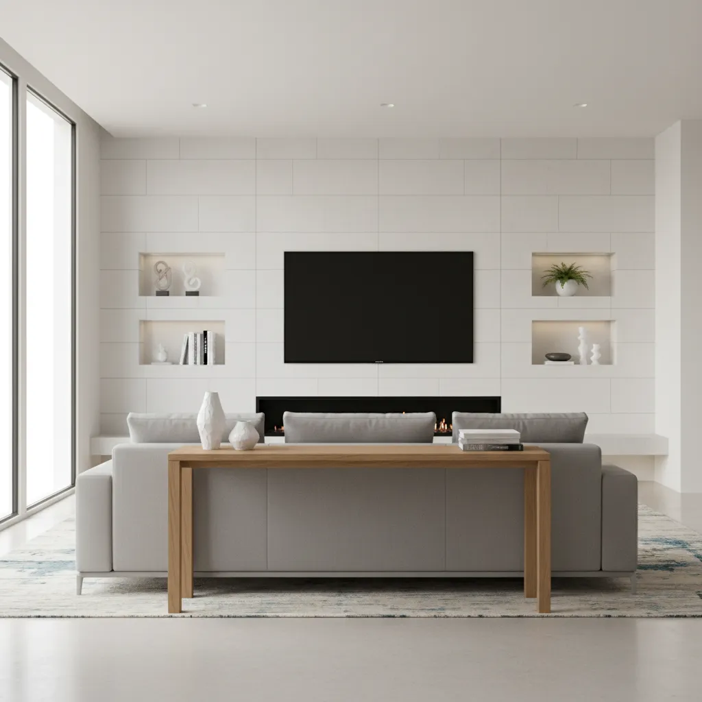 Small living room with floating sofa facing TV and fireplace wall
