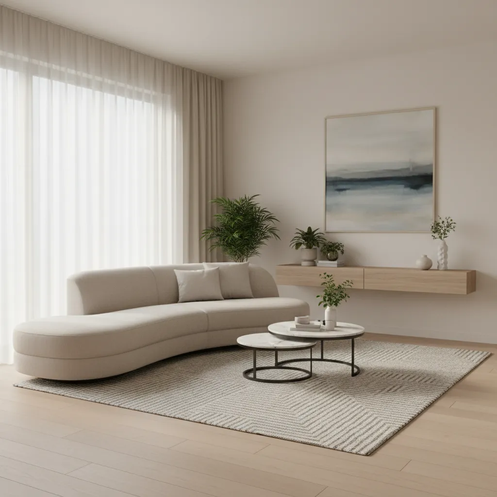 Small living room with floating sofa and console table behind