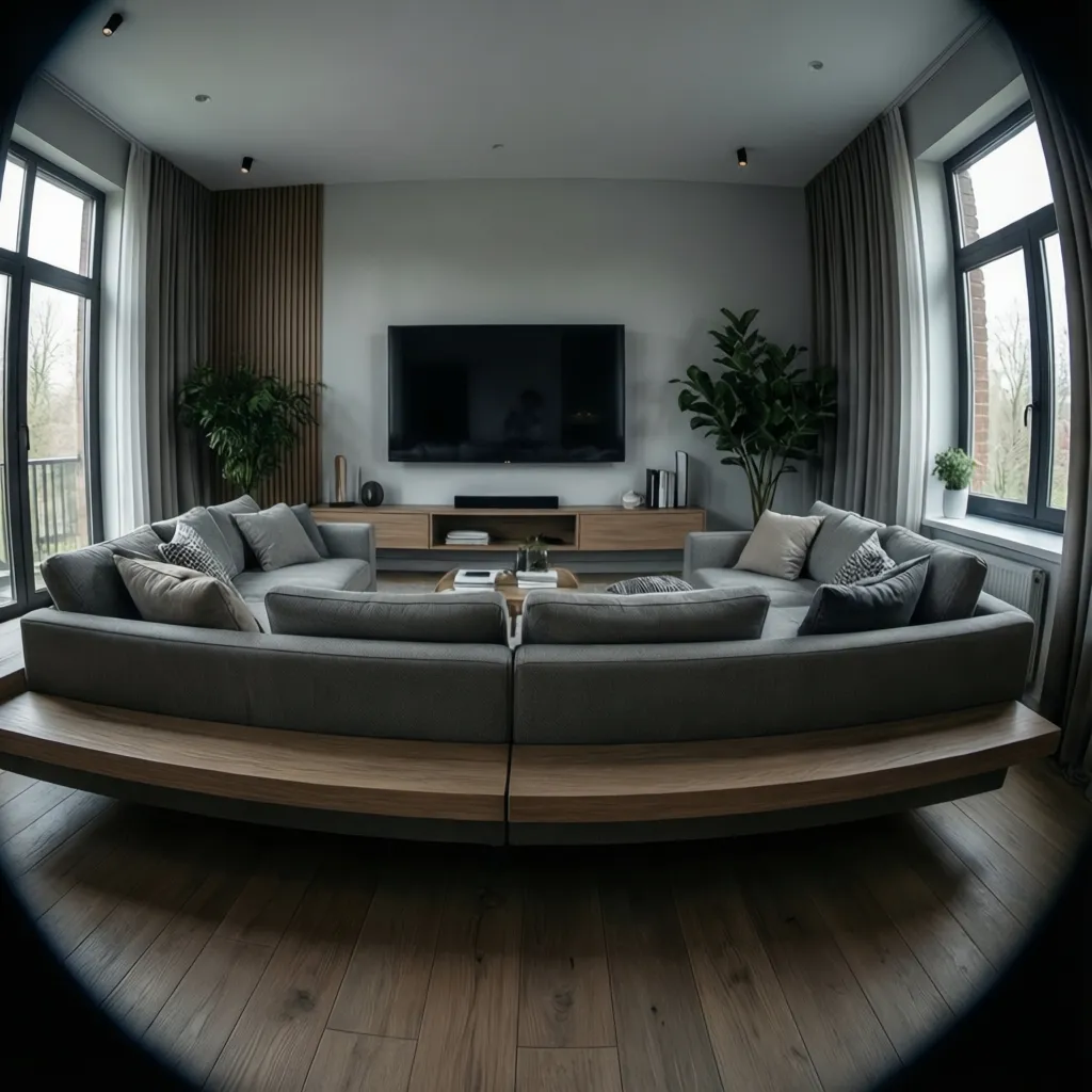 Living room with floating sofa layout facing wall mounted TV