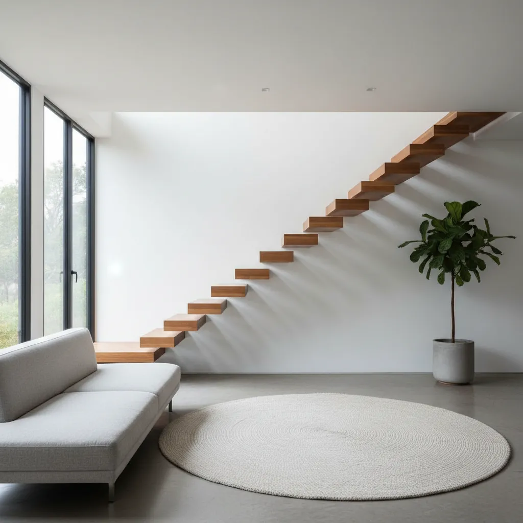 Escalera flotante moderna en sala de estar minimalista