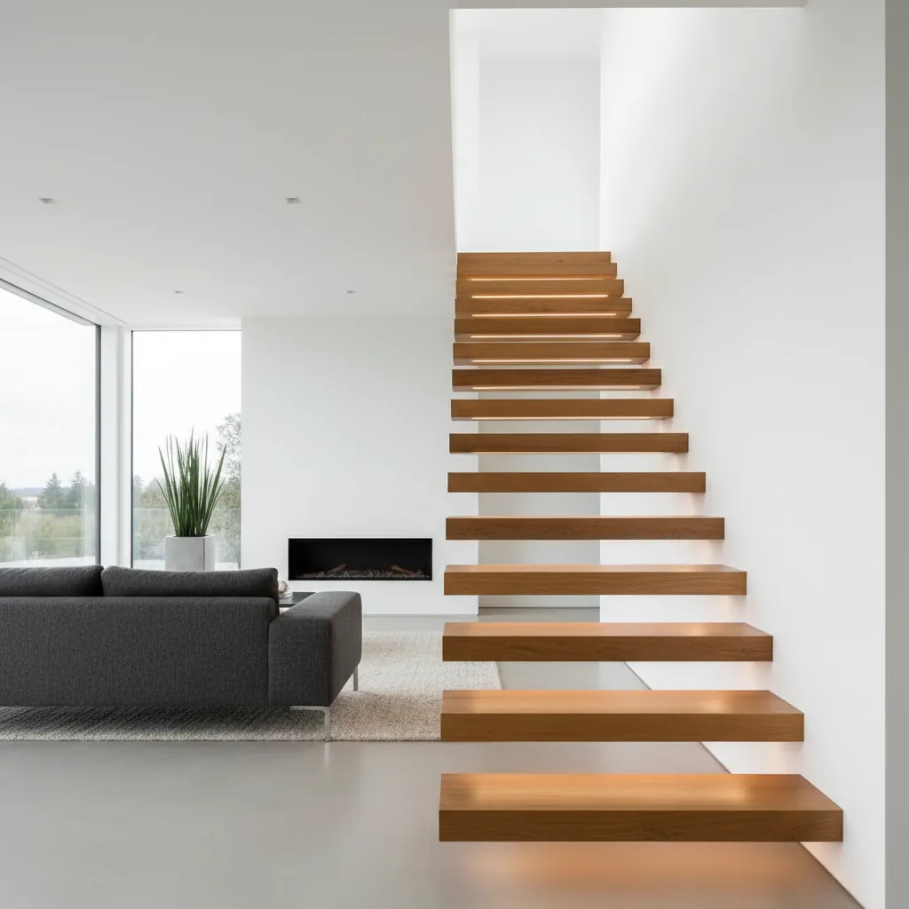 Minimalist white living room with floating wooden stairs dark sofa rug and large glass window