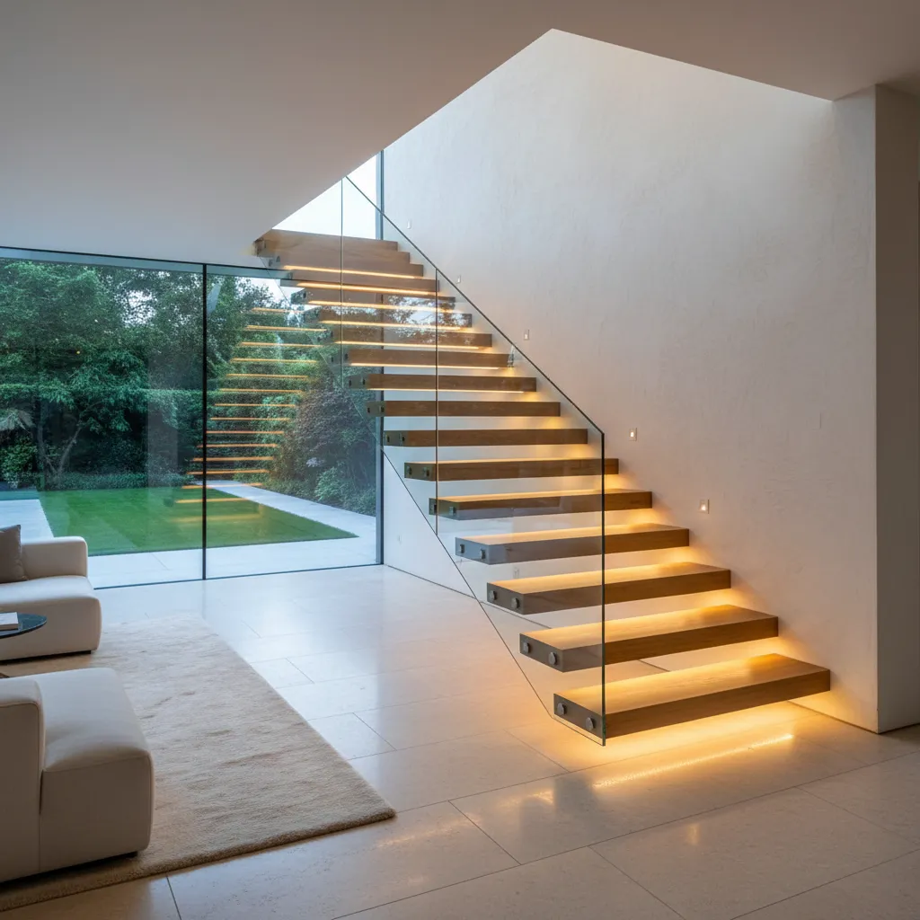 Escalera flotante moderna con iluminación LED