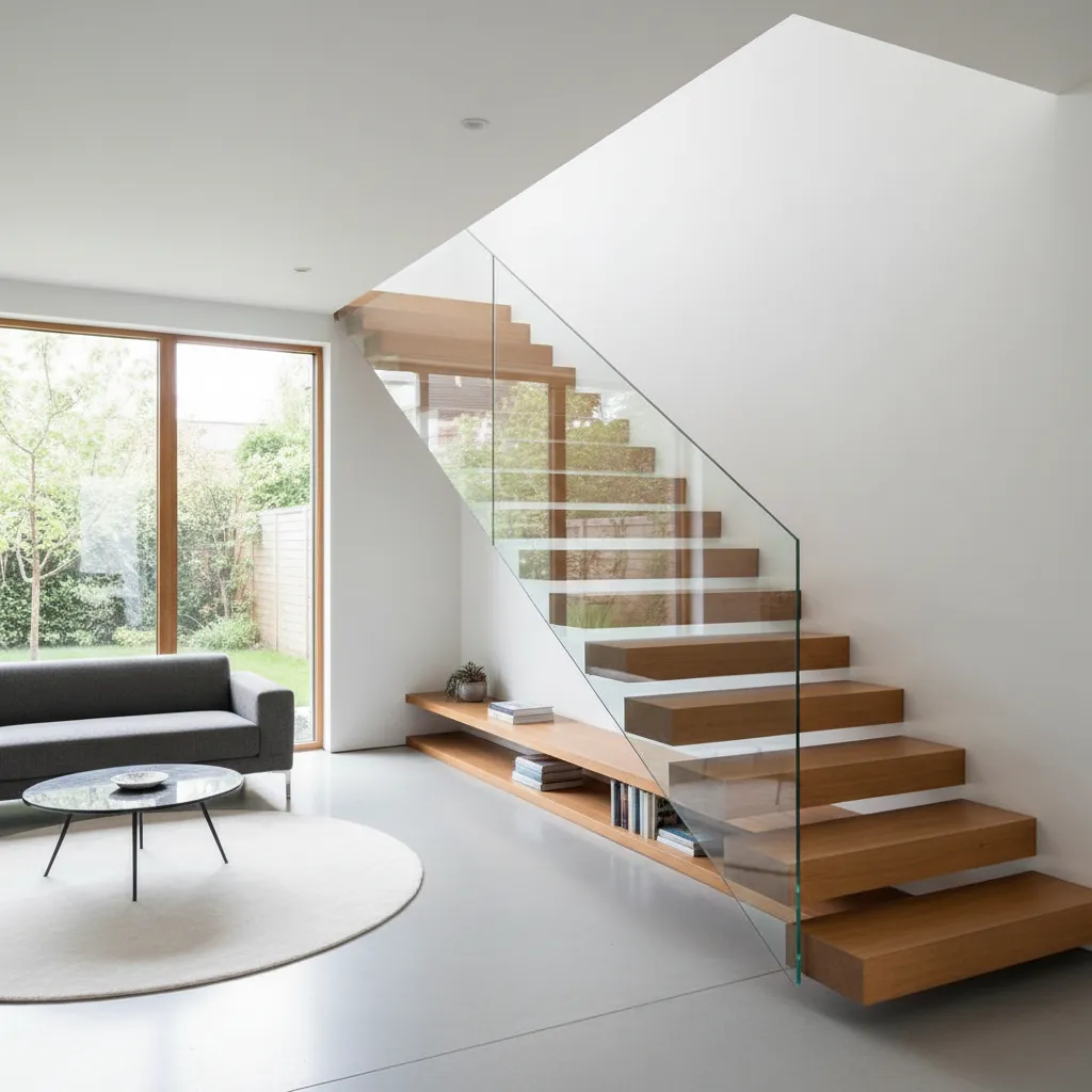 Minimalist wooden floating staircase with glass railing next to a grey sofa and large window