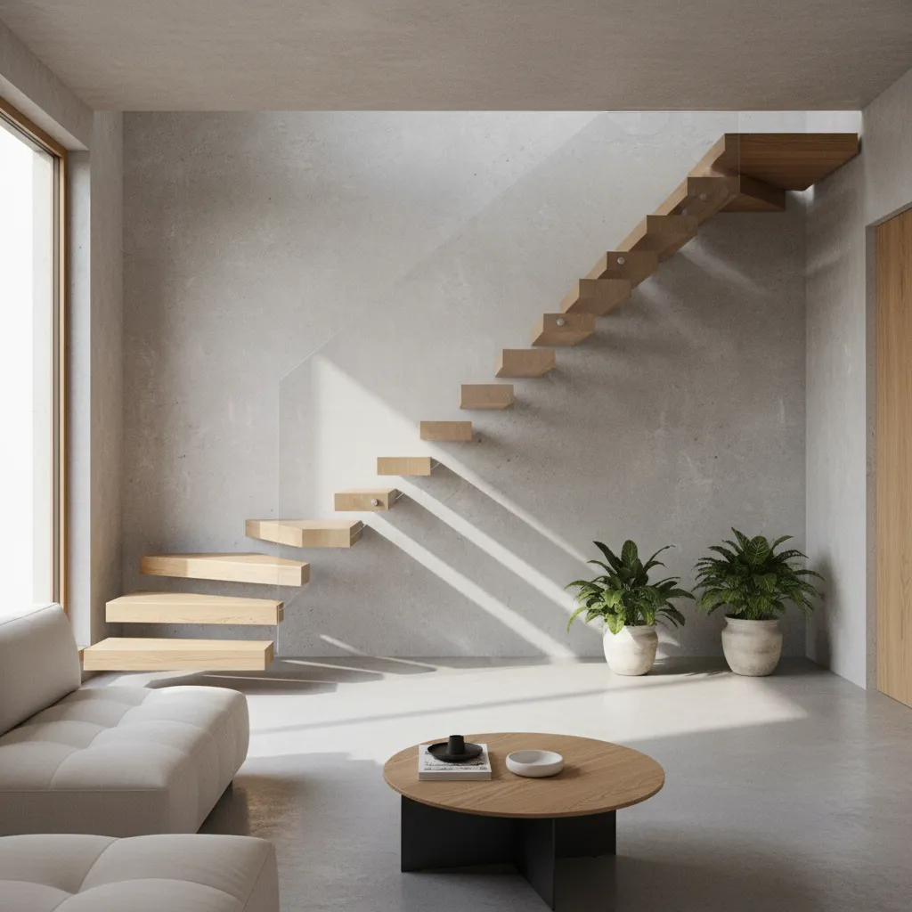 Escalera flotante moderna en un espacio interior pequeño