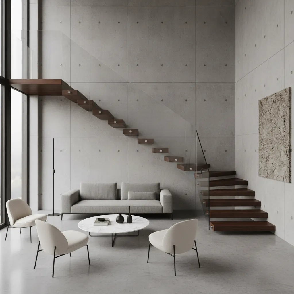 Floating staircase with glass railing in a modern living room