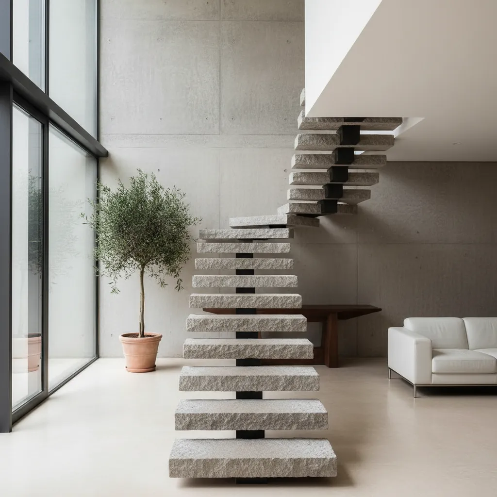 Escalera flotante de piedra en interior moderno
