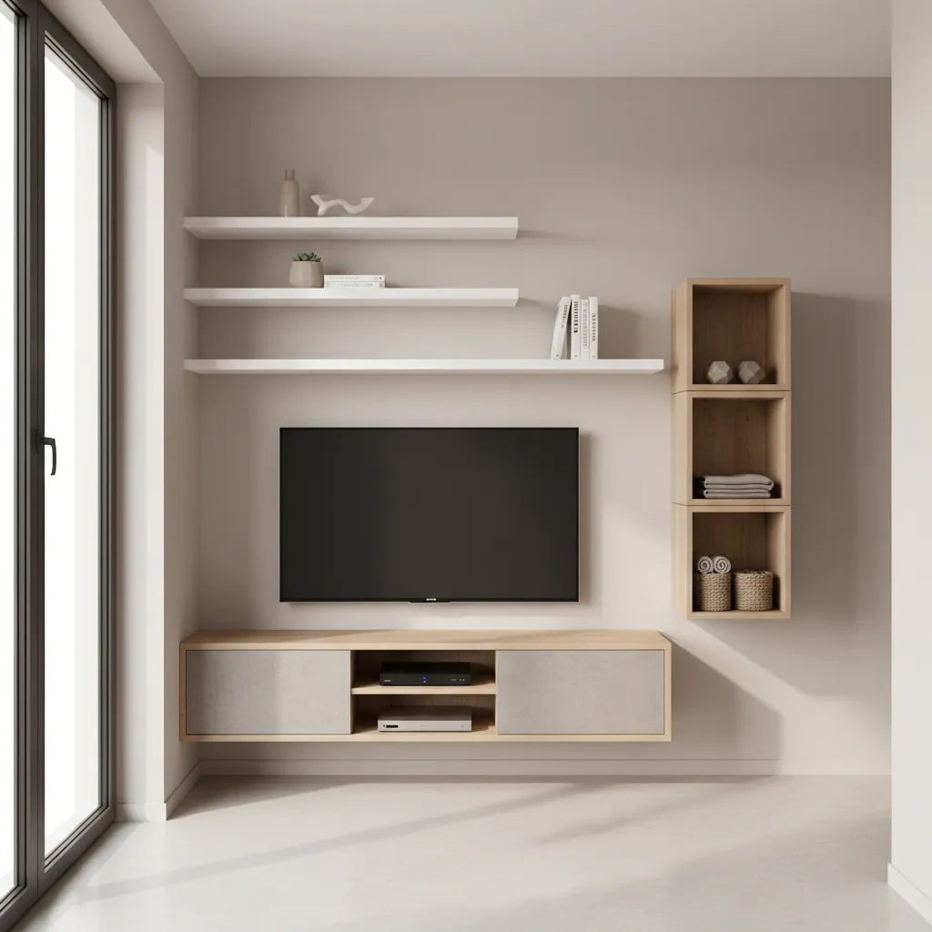 Floating shelves and wall mounted storage in a small hall living room