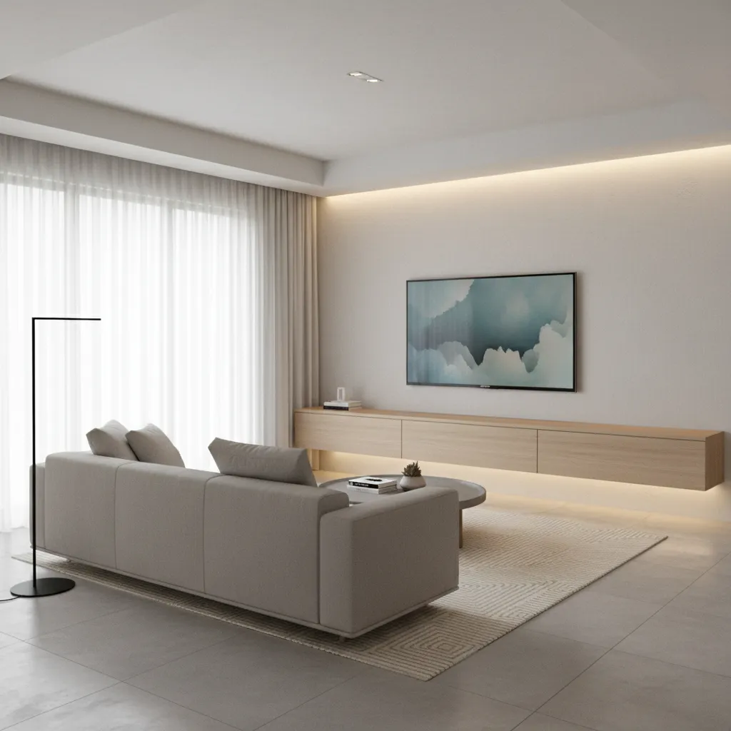 Floating TV cabinet mounted on wall in modern living room