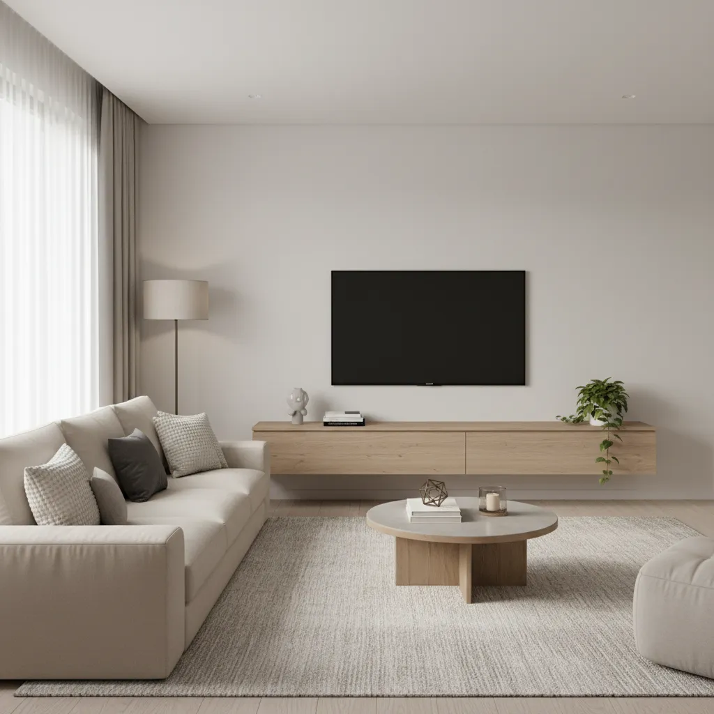Wall mounted flat screen TV above floating console cabinet