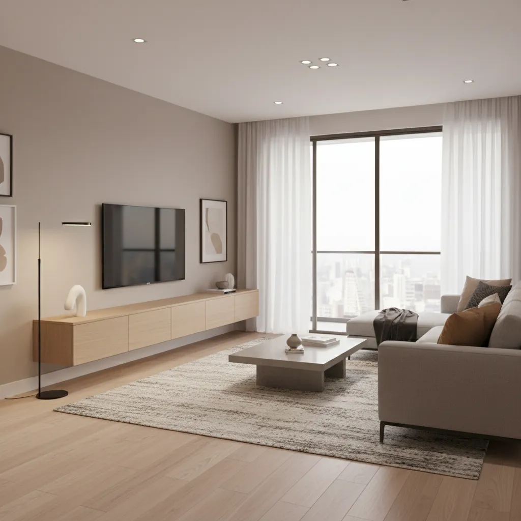 Floating wall mounted TV console in modern living room