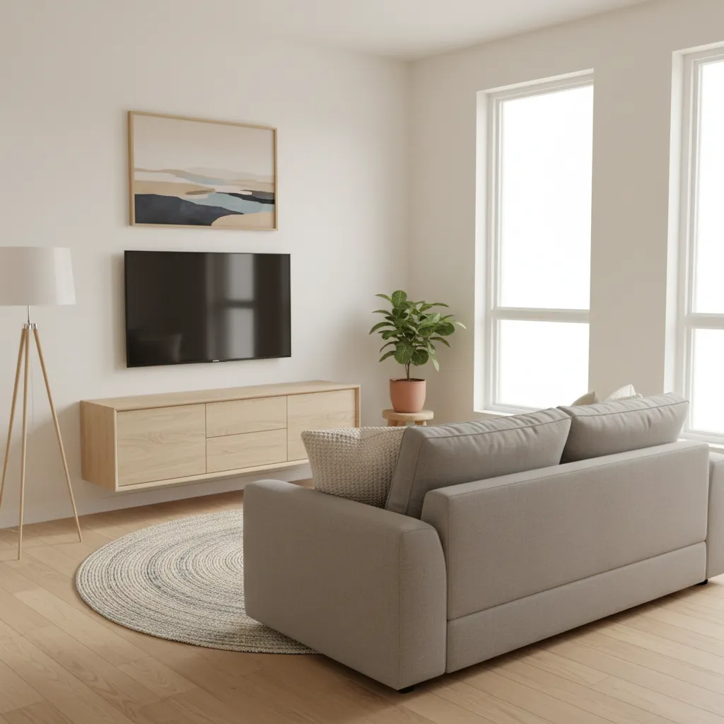 Floating TV console under wall mounted television in small living room