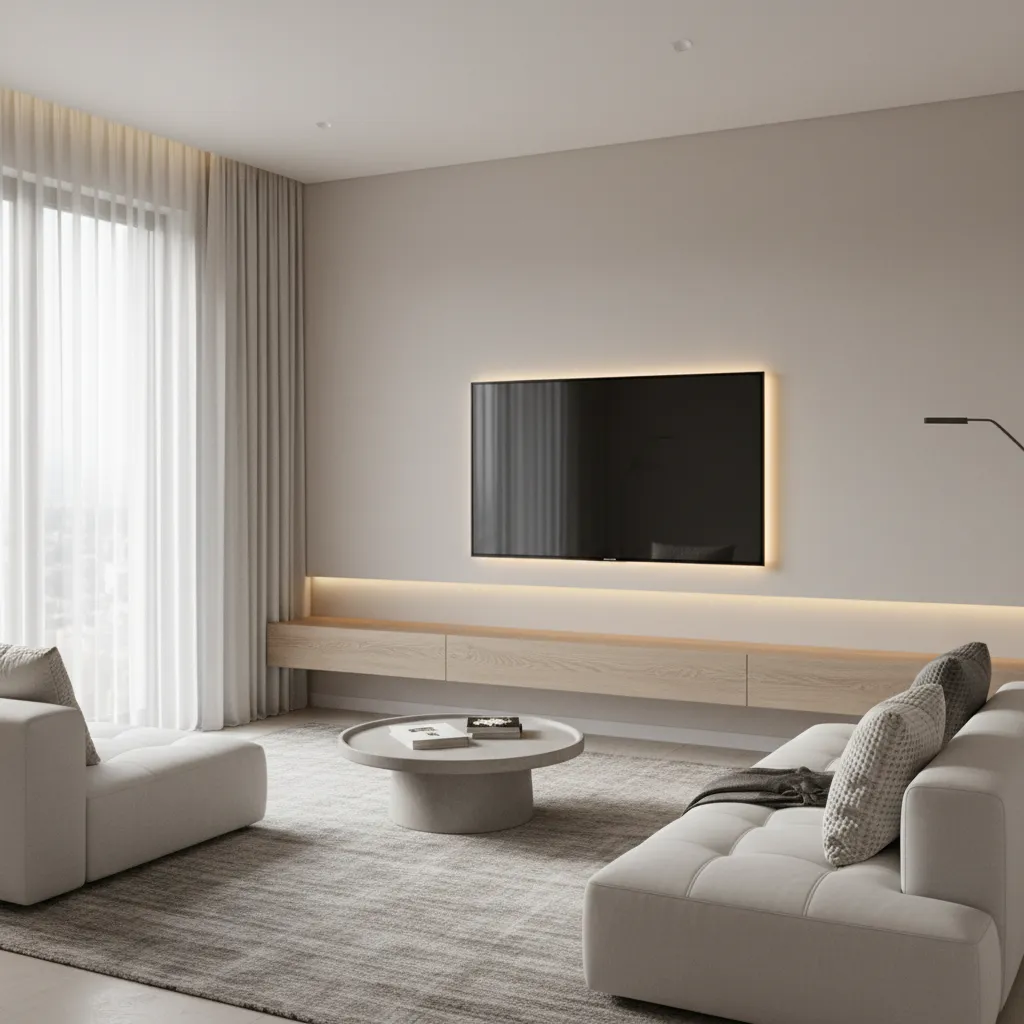 floating TV console with wall mounted television in small apartment living room