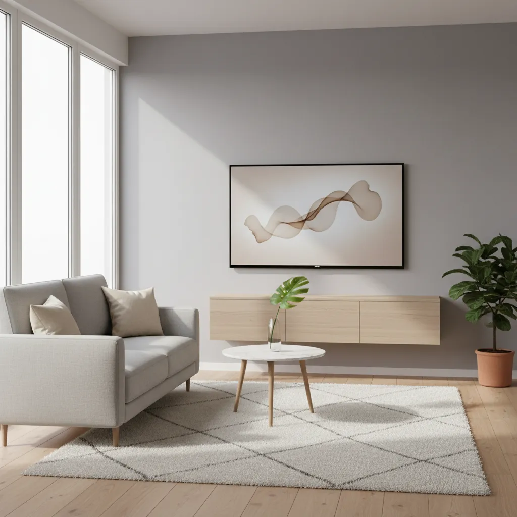 small living room with floating TV stand and wall mounted television