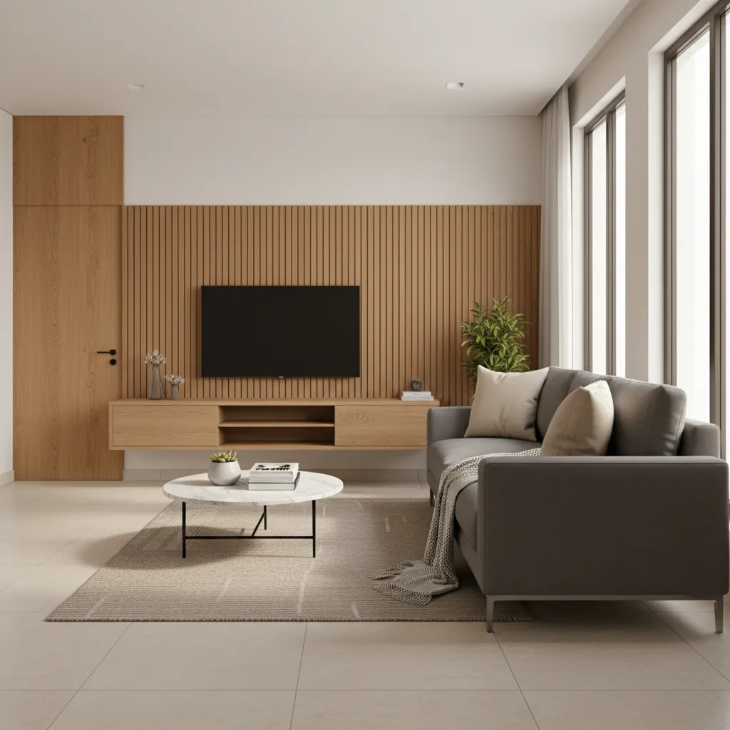 floating TV unit design in a compact Indian apartment living room