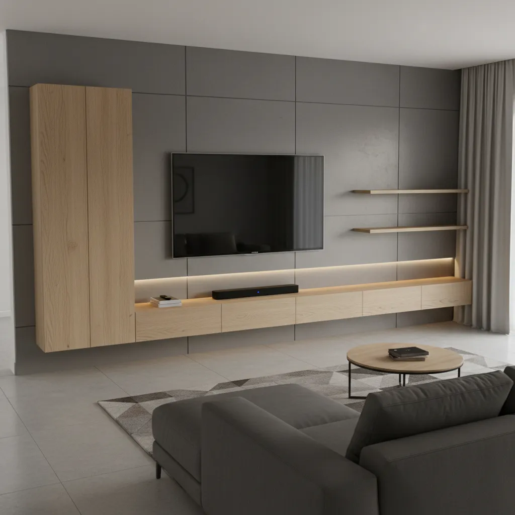 Minimalist living room with grey wall panels wall mounted TV and long wooden floating cabinet