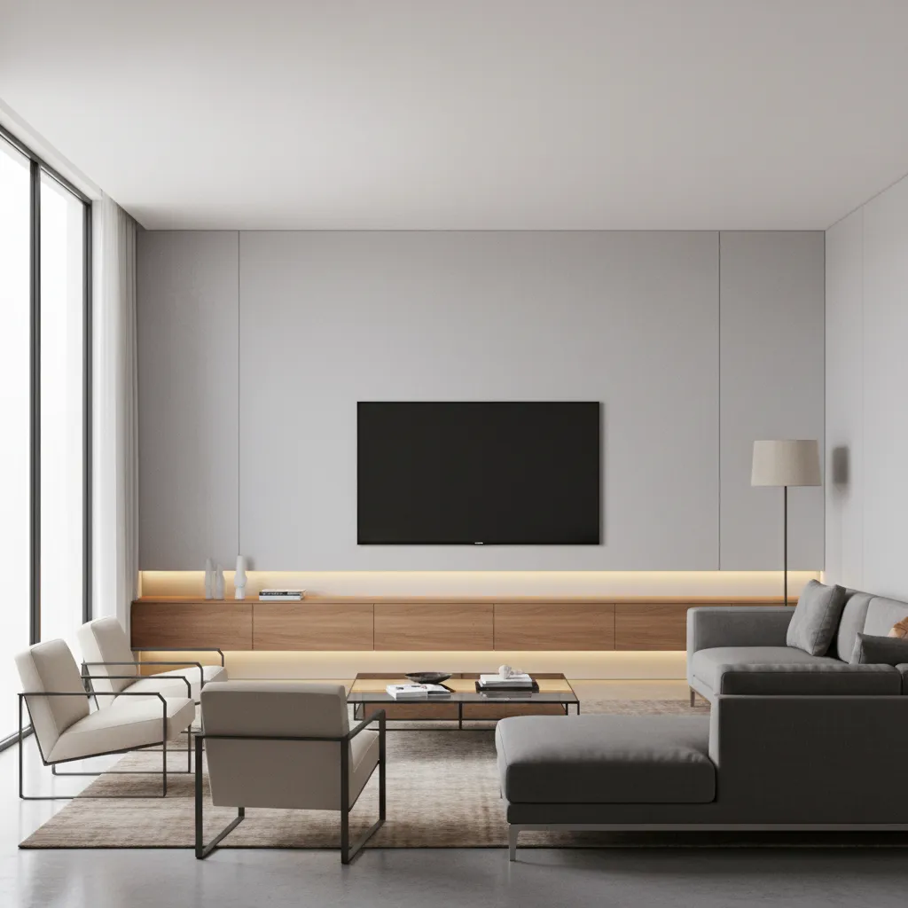 Minimalist living room interior design drawing featuring floating wood cabinet wall mounted TV gray sofa