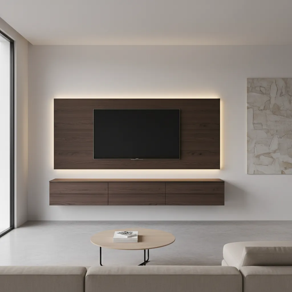 floating modern TV unit with wall panel and concealed storage