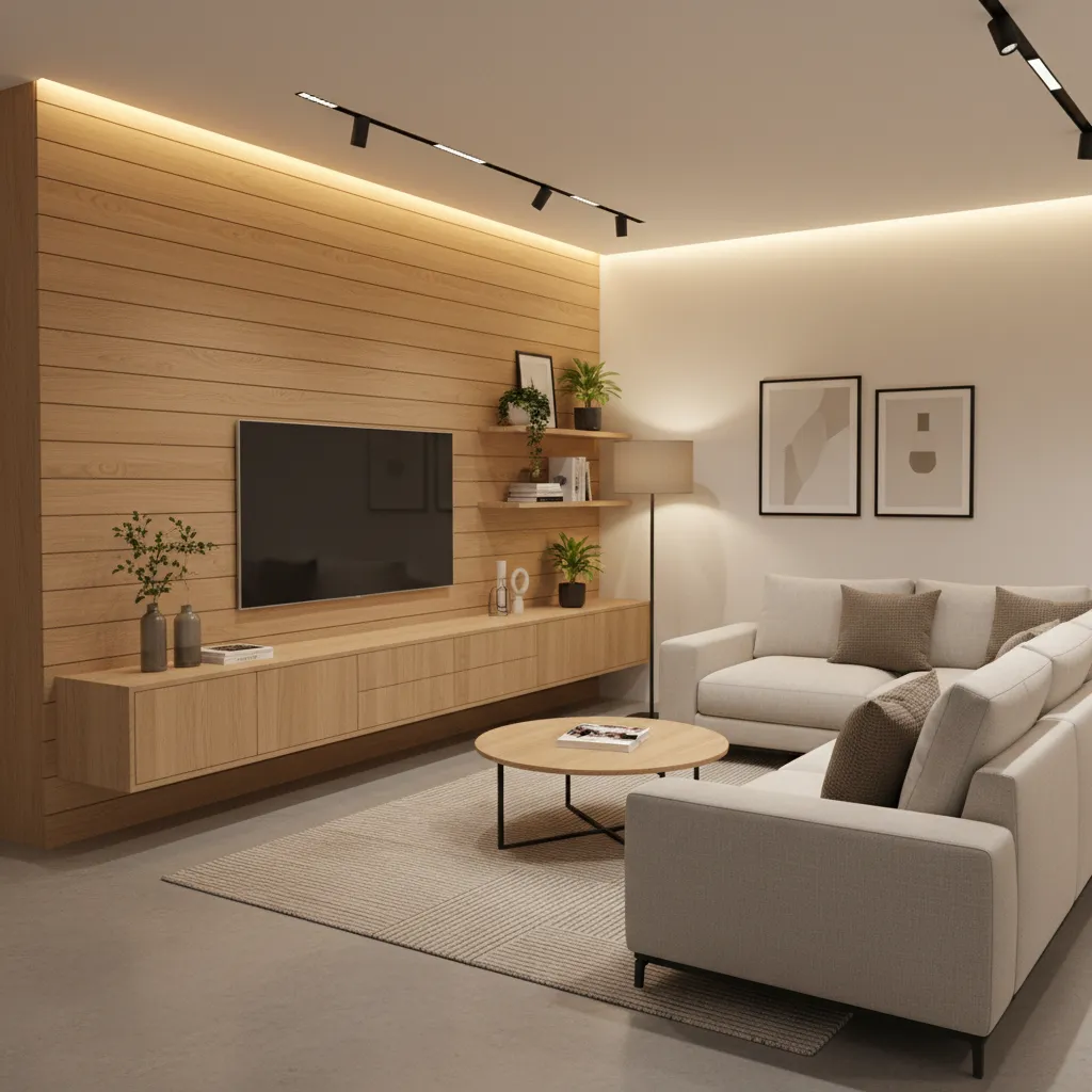 Floating TV unit design in a modern Indian apartment living room