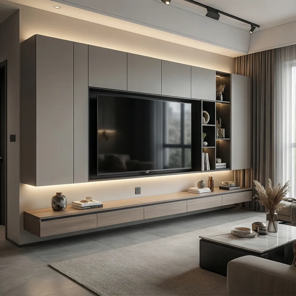 Modern floating TV unit with wall panels and hidden storage