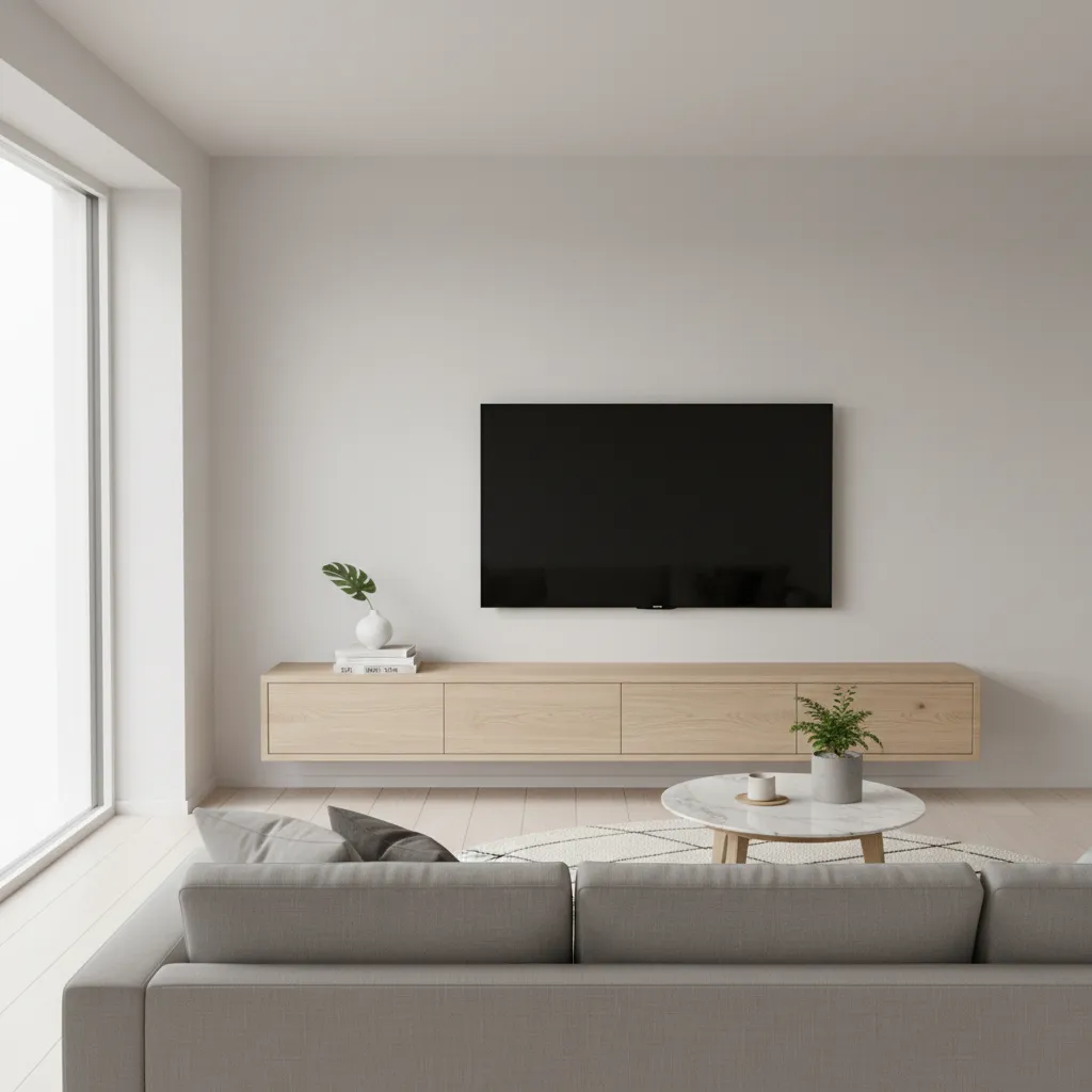 modern living room with floating tv unit and minimal decor