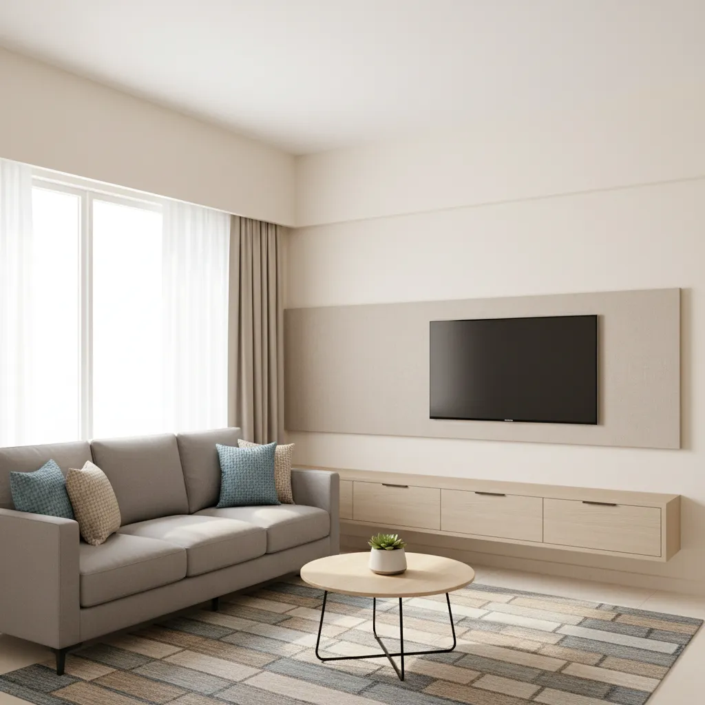 Floating wall mounted TV unit in compact Indian apartment living room