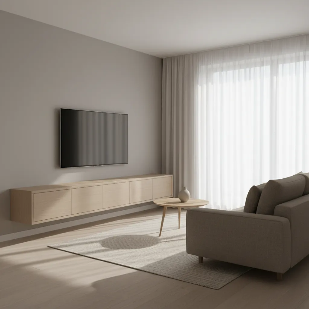 Floating TV console in a compact modern living room