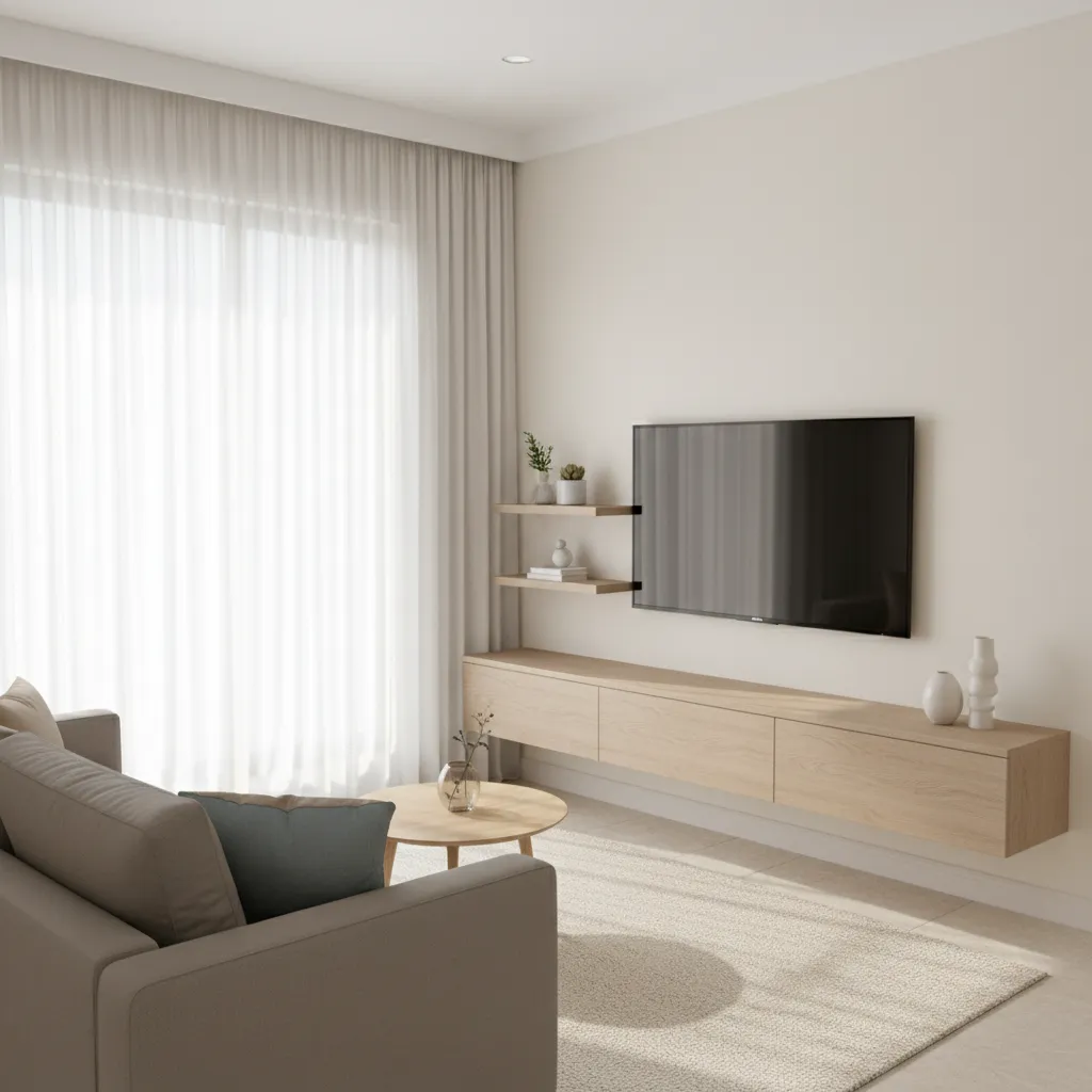 Floating wall mounted TV unit in compact modern living room