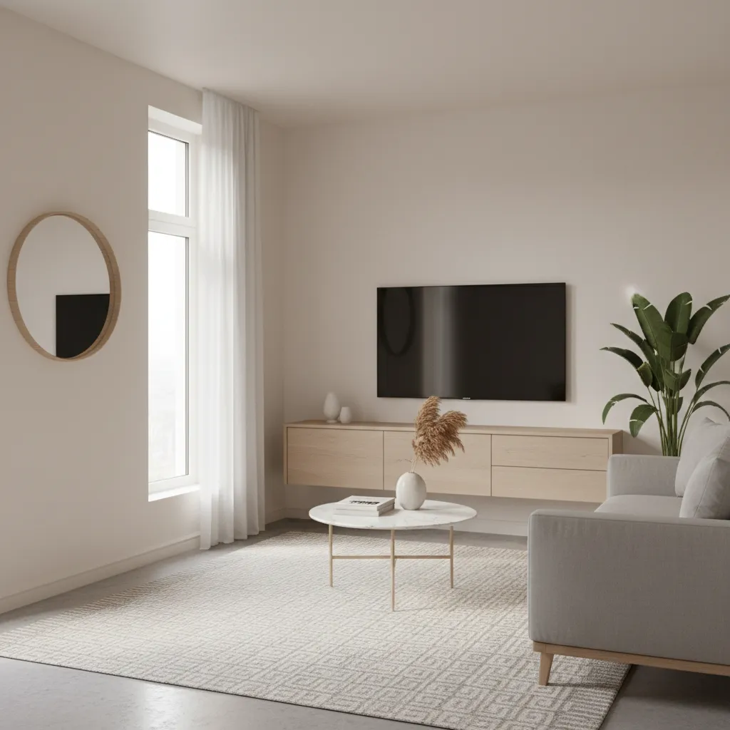 Floating TV cabinet with wall mounted television in a minimalist small living room