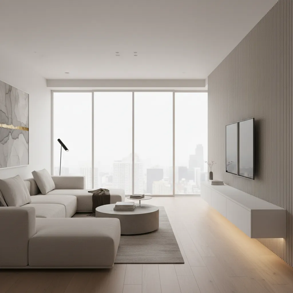Floating TV cabinet with vertical textured wallpaper panel in modern living room