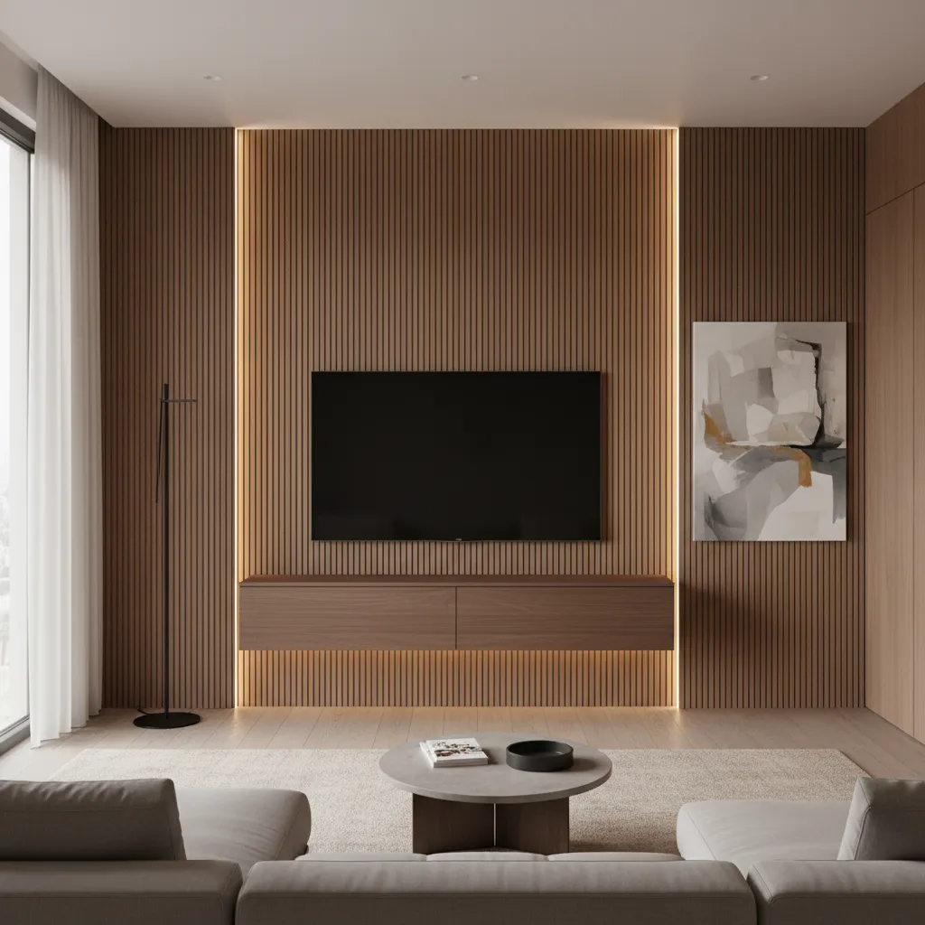 floating TV console with vertical wood panel backdrop