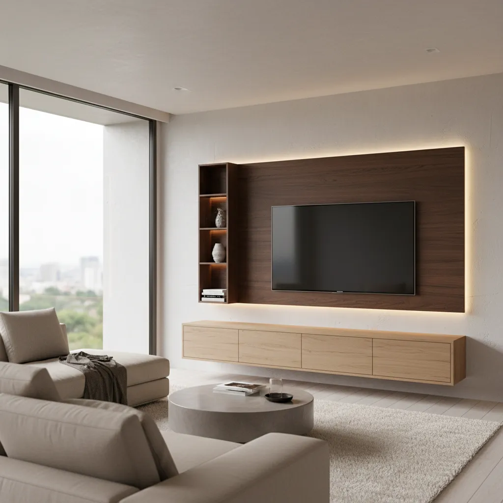 Floating TV wall elevation with hidden storage in a small apartment